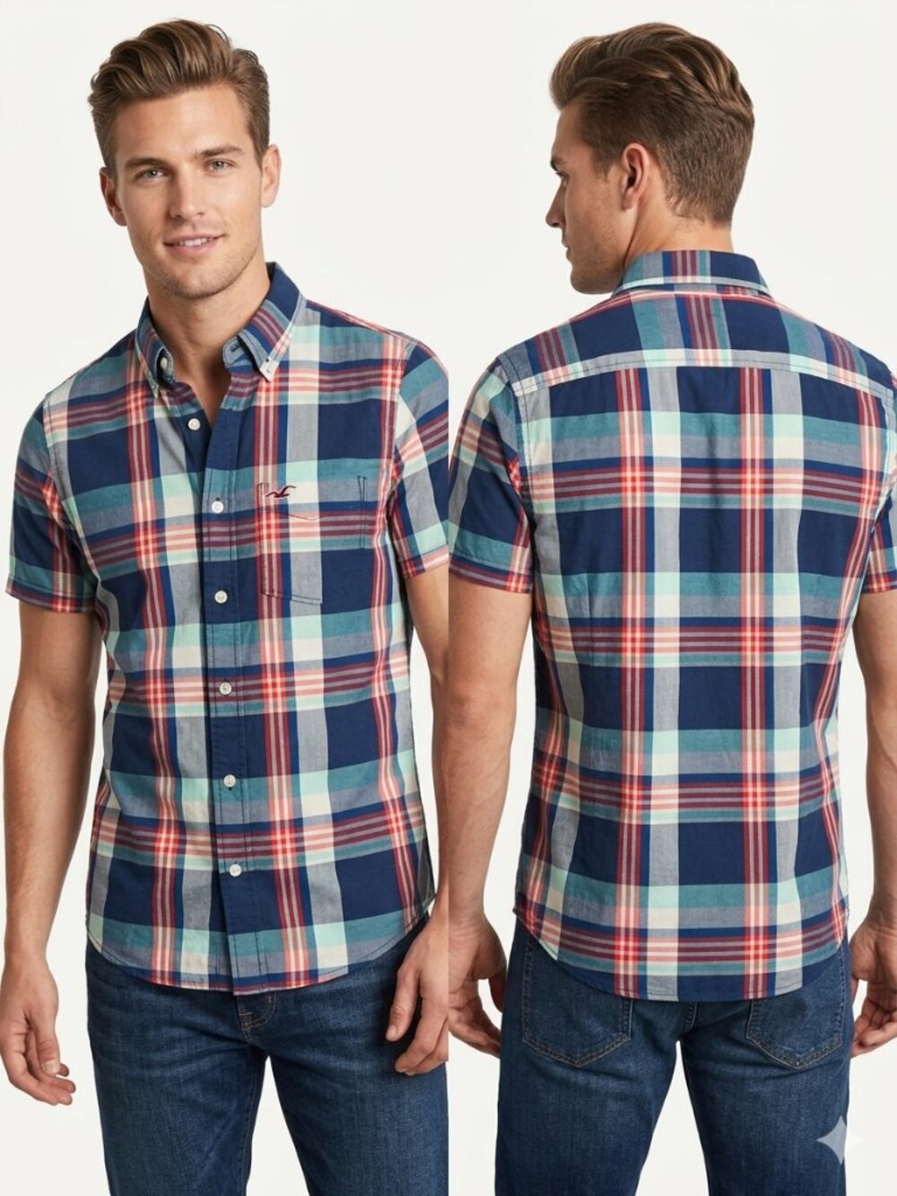 Hollister California 1922 Surfer Cut Men's Button Up Short Sleeve Plaid shirt-M